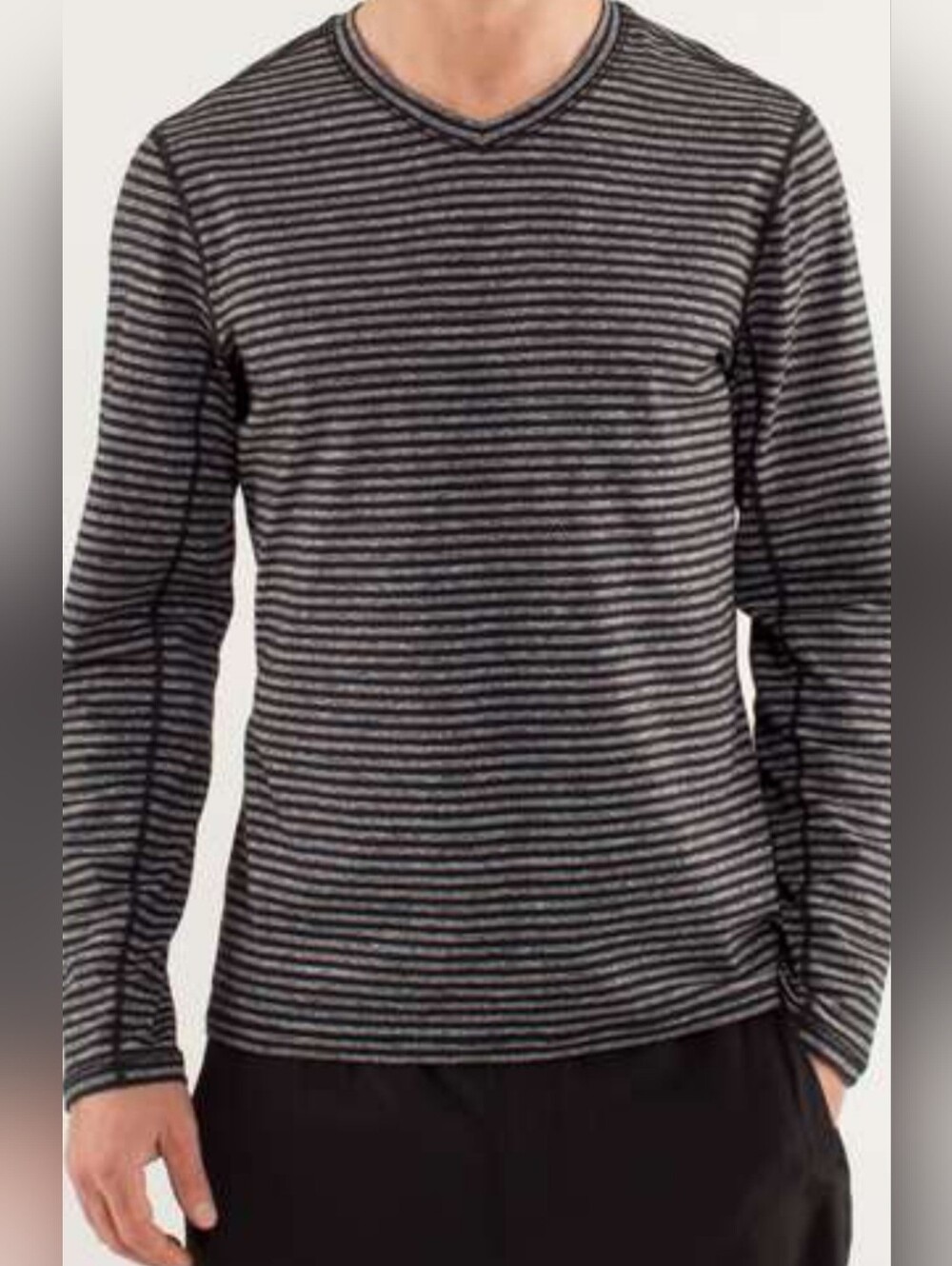 lululemon athletica Men's Black and Gray Striped Long Sleeve V-Neck